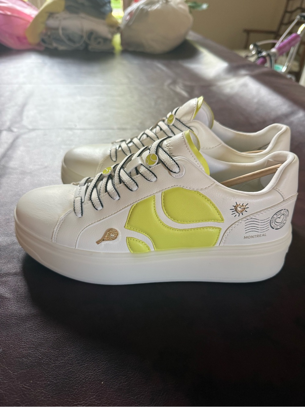 Aldo White Sneakers with Neon Yellow Tennis Accents